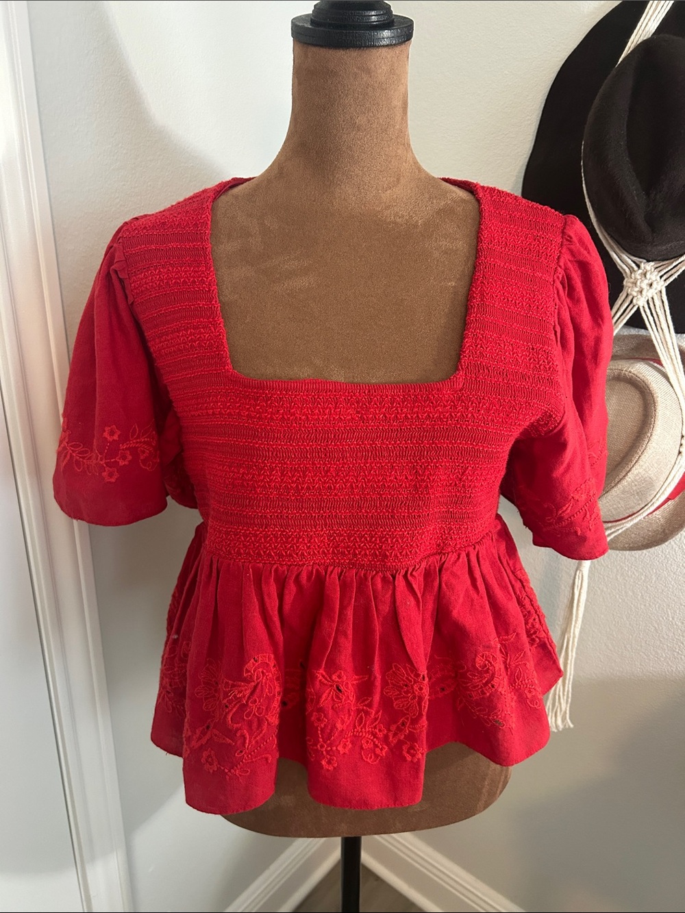 Zara Red Square-Neck Embroidered Peplum Top